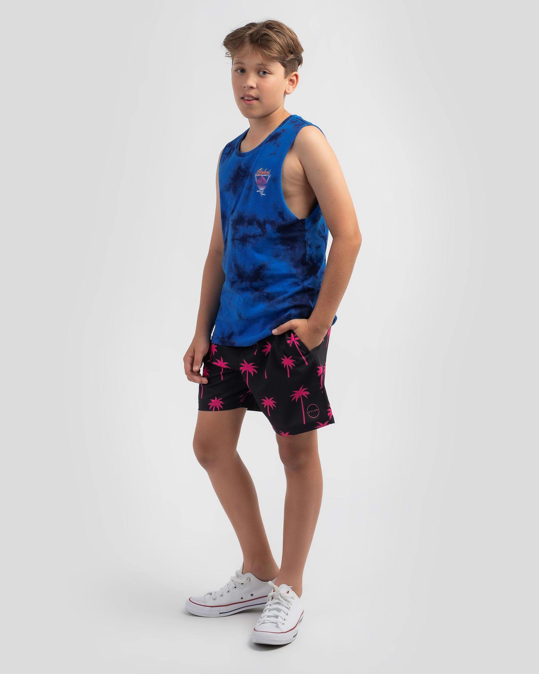 Shop Skylark Boys' Fluro Tropics Beach Shorts In Black/pink - Fast ...