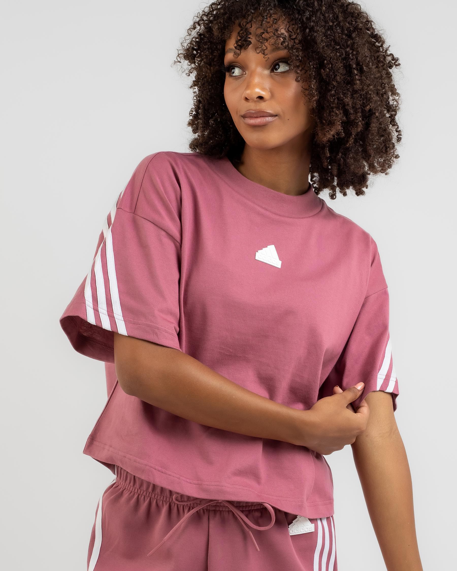 Shop adidas Future Icons 3 Stripe T-Shirt In Pink Strata - Fast ...