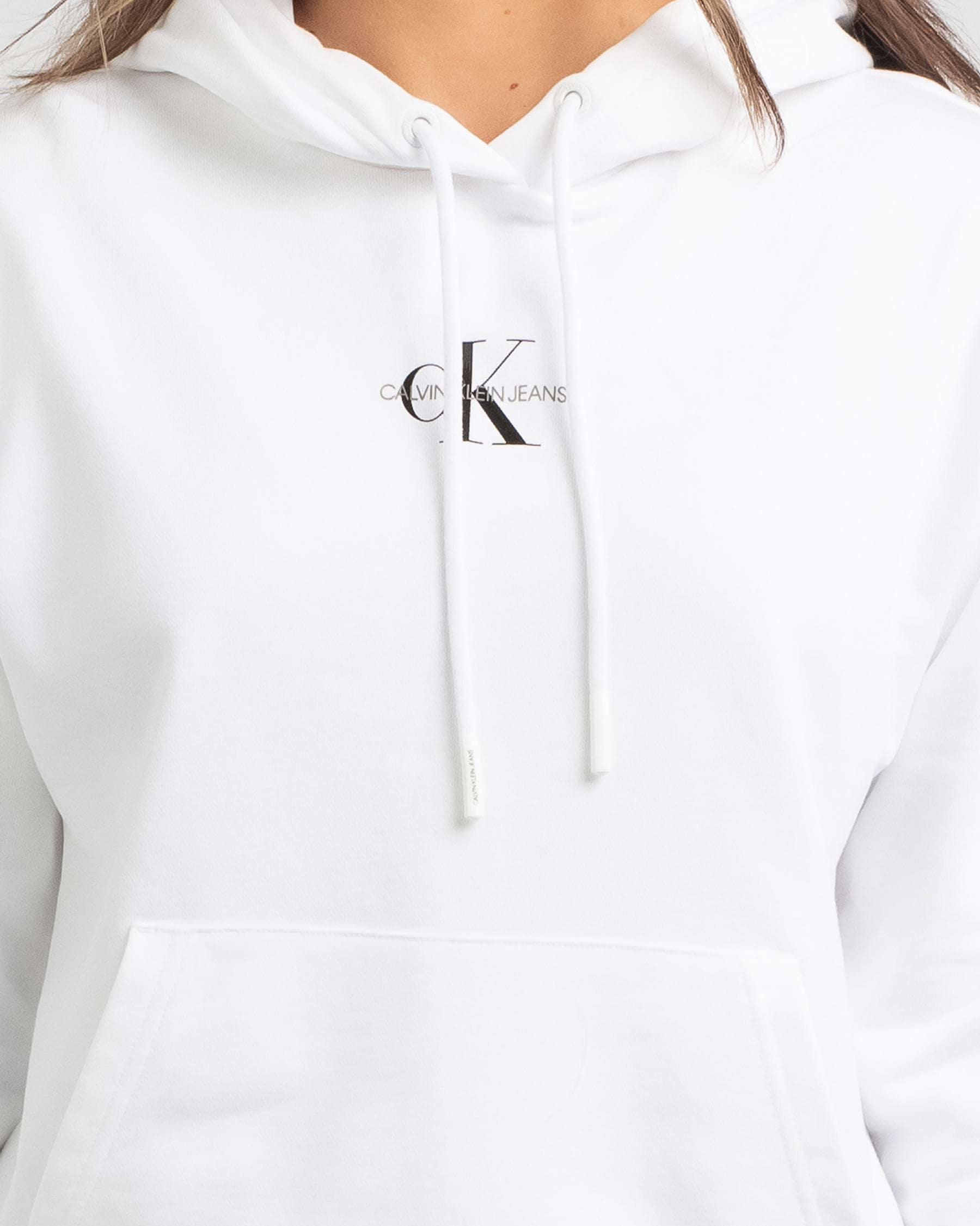 Shop Calvin Klein Cropped Monogram Hoodie In Bright White - Fast ...