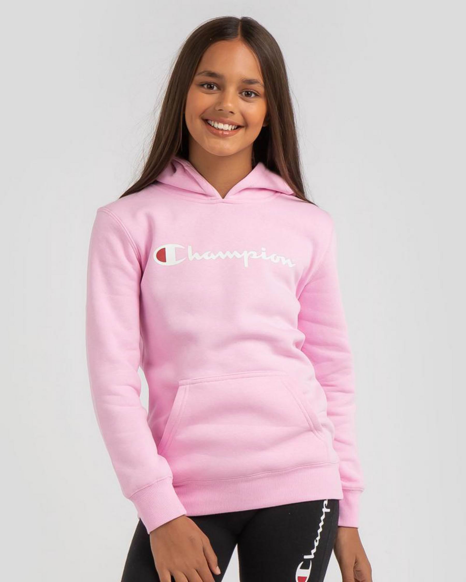 Shop Champion Girls' Logo Hoodie In Cotton Gumball Pink - Fast Shipping ...