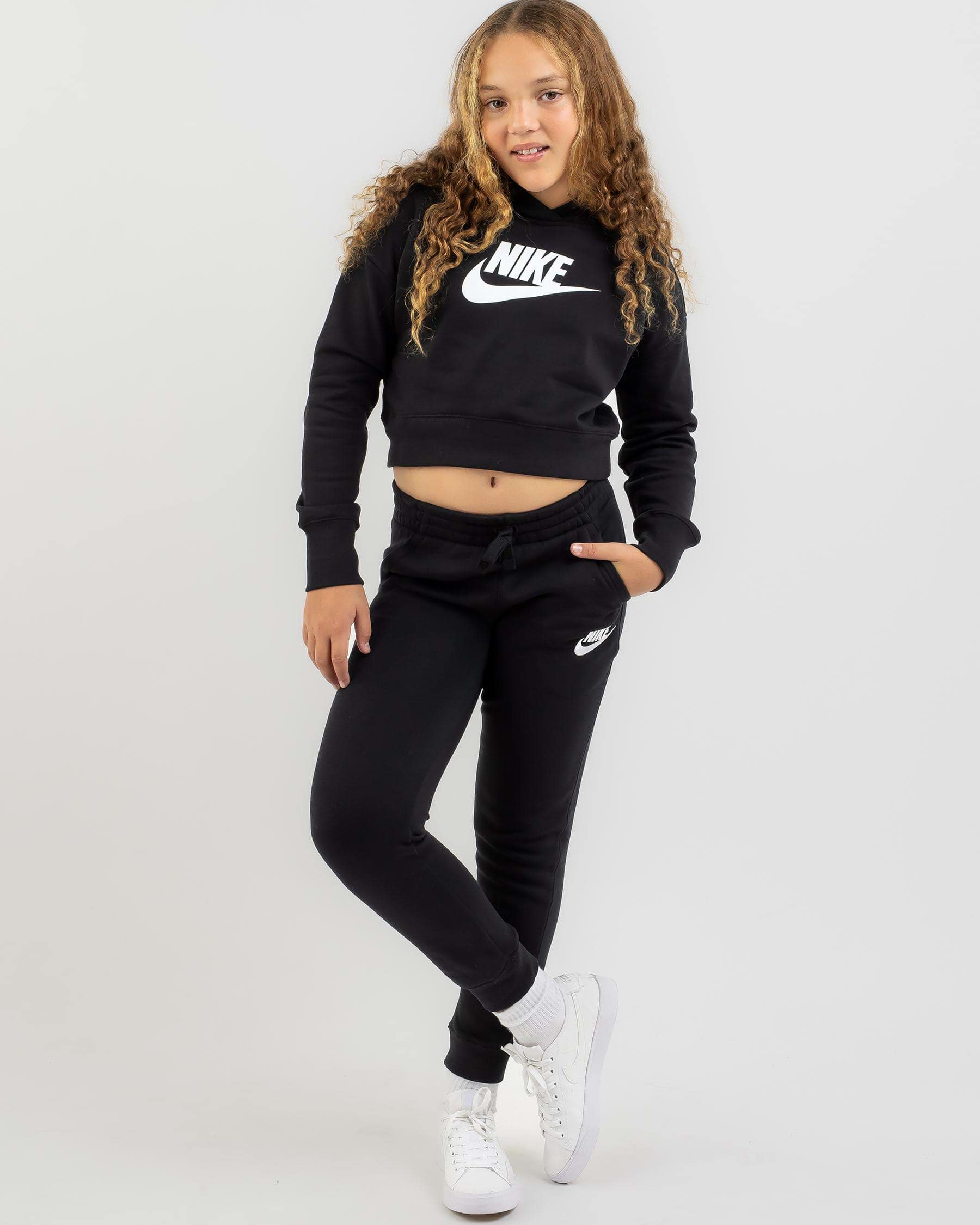 Shop Nike Girls' Club Track Pants In Black/black/white - Fast Shipping ...