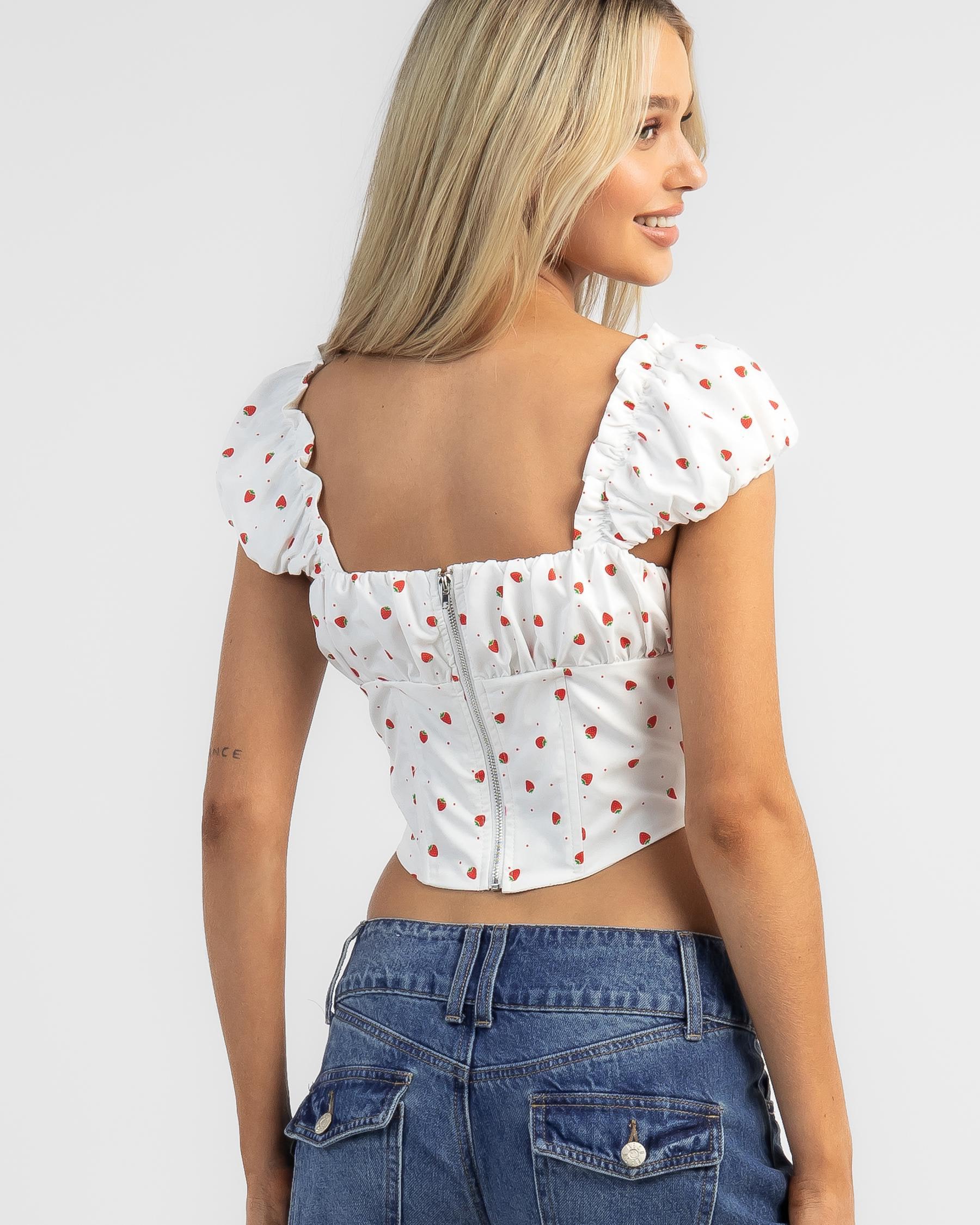 Shop Ava And Ever Strawberry Kisses Corset Top In Strawberry Print