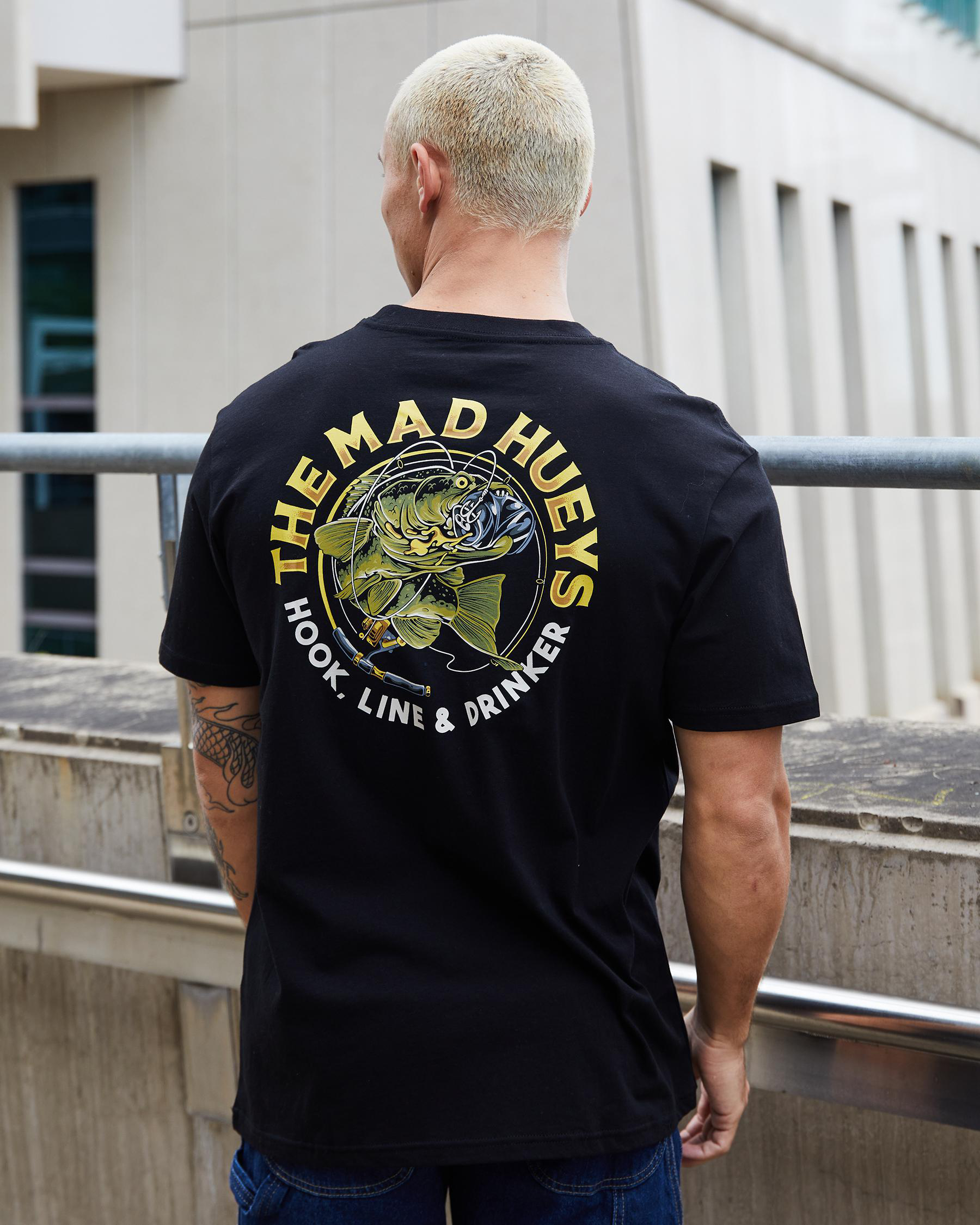 Shop The Mad Hueys Hook Line & Drinker T Shirt In Black - Fast Shipping ...