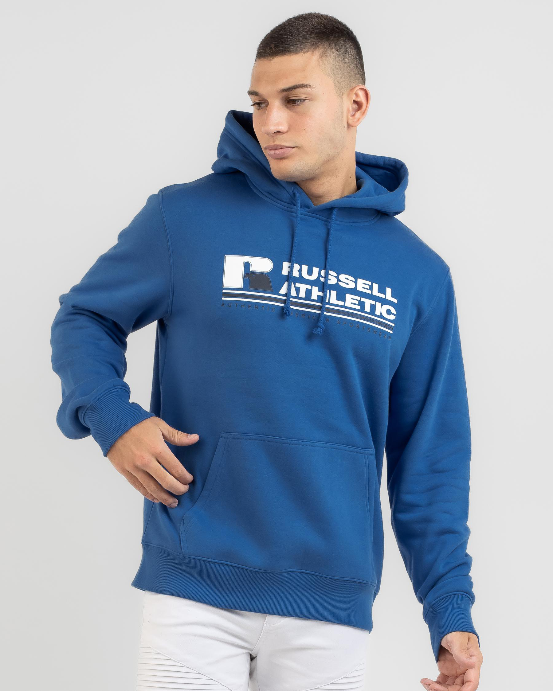 Shop Russell Athletic Originals Bar Logo Hoodie In Yankee Blue - Fast ...