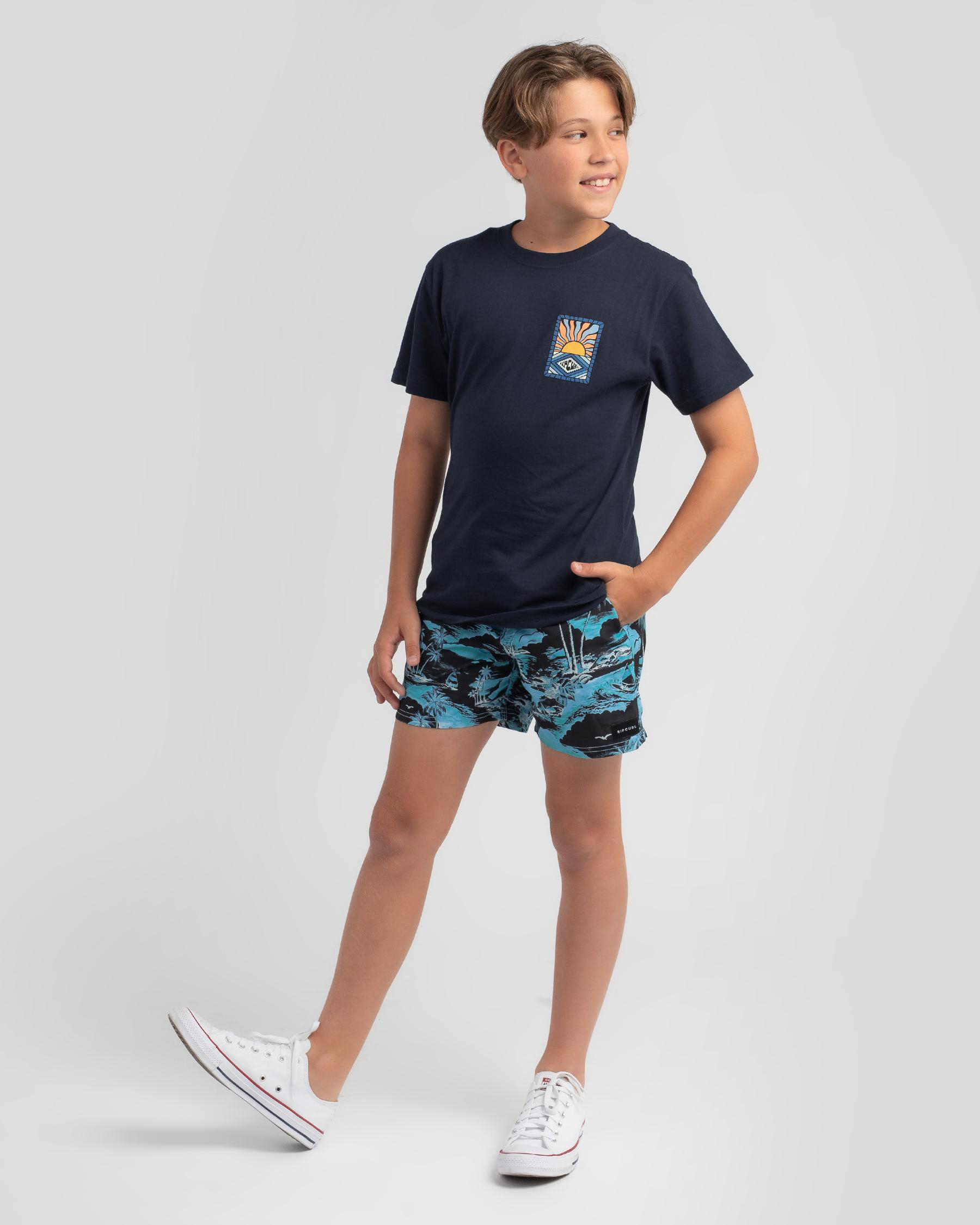 Shop Rip Curl Boys' Dreamers Volley Shorts In Black/blue - Fast ...