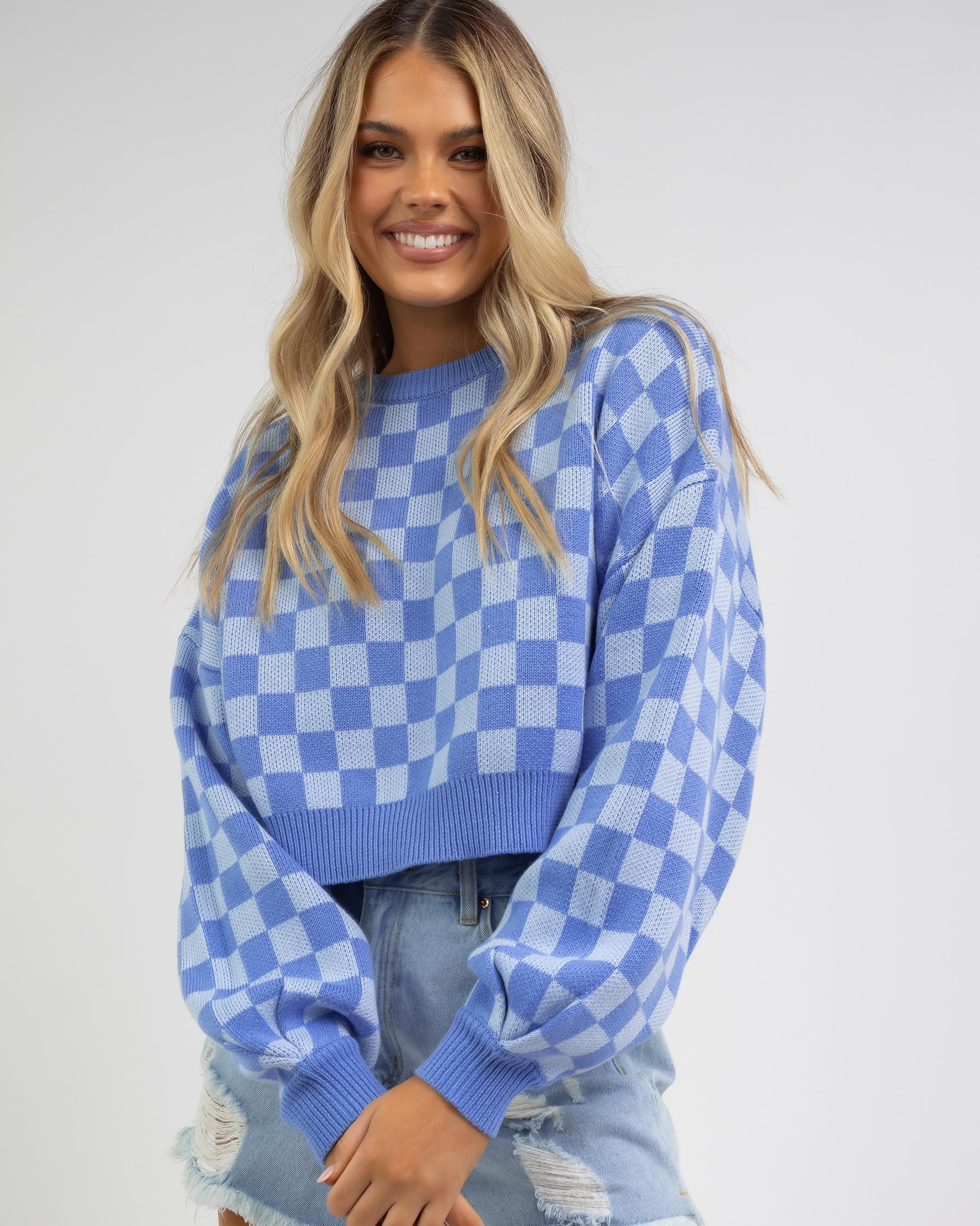 Ava And Ever Harmon Knit Jumper In Blue Check - Fast Shipping & Easy ...