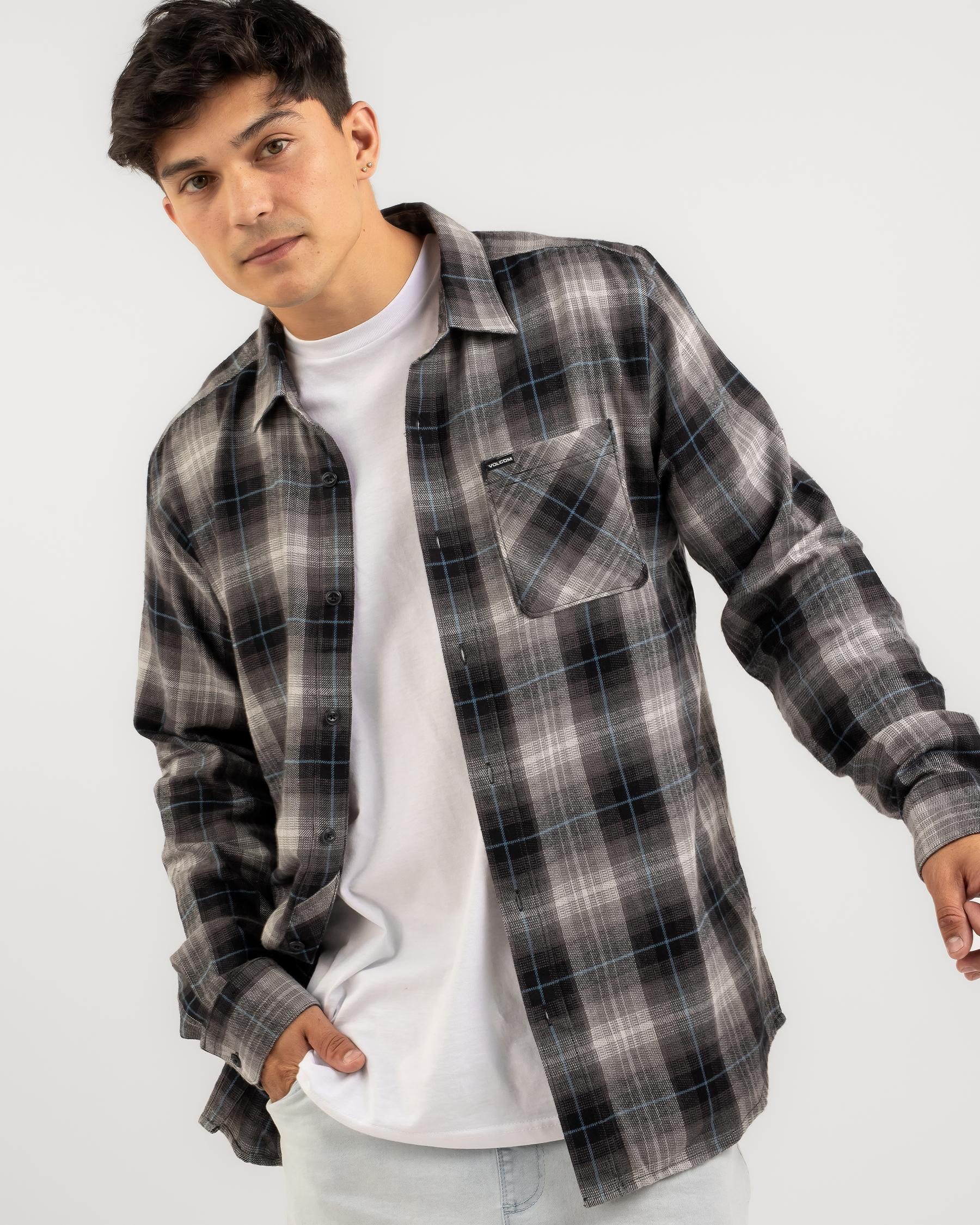 Shop Volcom Kemostone Flannel Long Sleeve Shirt In Black - Fast ...