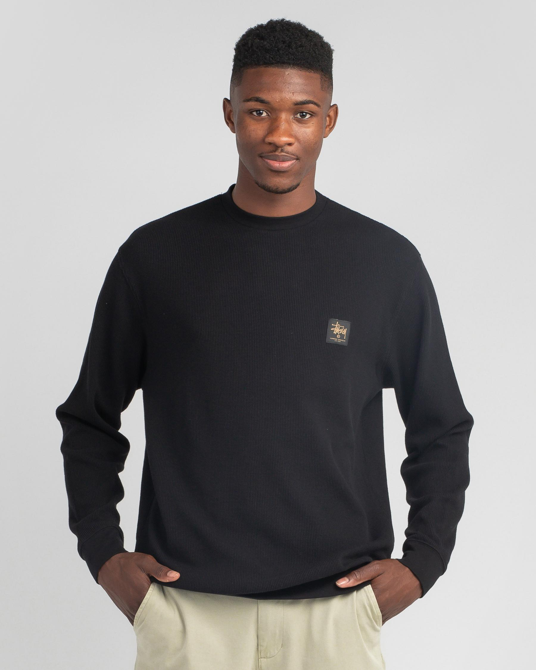 Shop Stussy Workwear Waffle Crew Neck Sweatshirt In Black - Fast ...