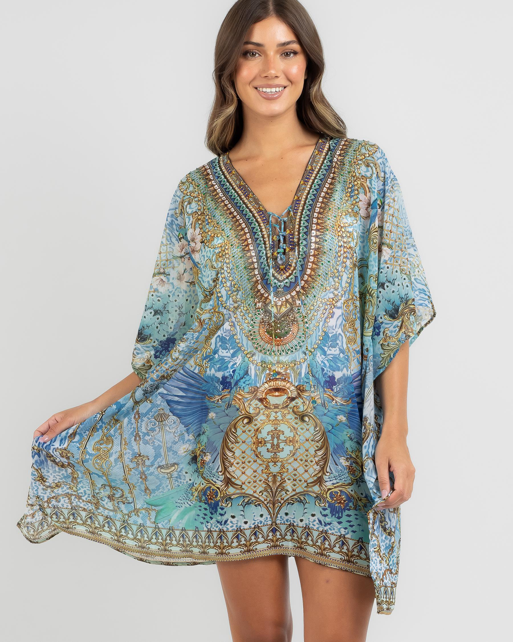 Shop Kaiami Pallas Kaftan Beach Cover In Blue/gold - Fast Shipping ...