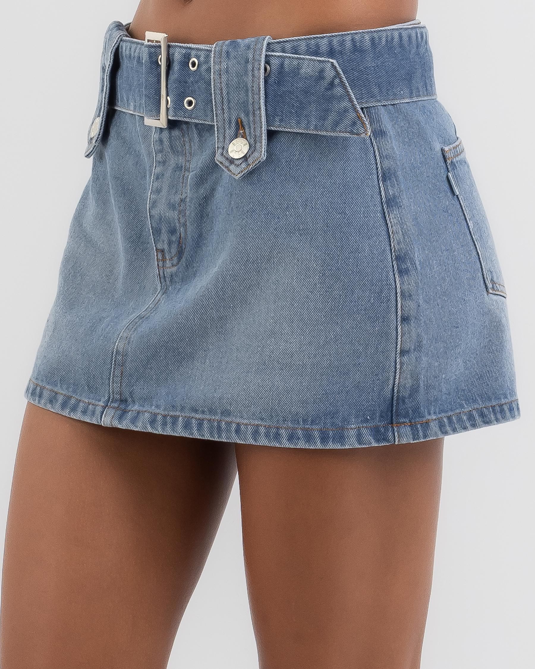 Shop DESU Low Rise Buckle Mini Skirt In Dark Mid - Fast Shipping & Easy ...
