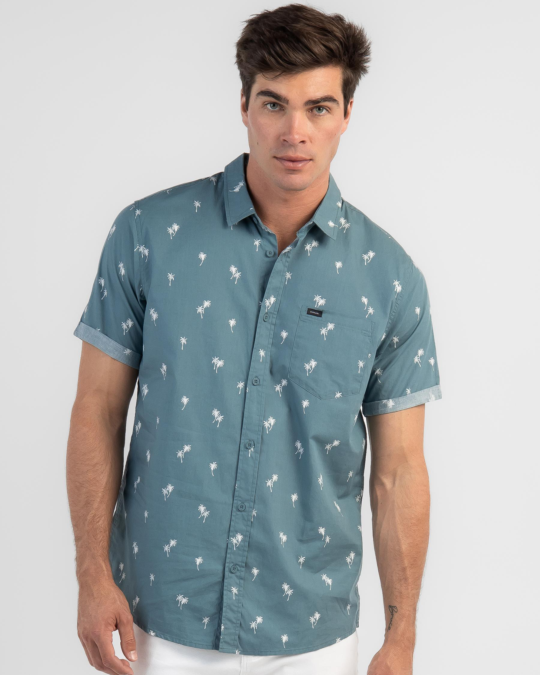 Shop Rip Curl Paradise Palms Short Sleeve Shirt In Blue Stone - Fast ...